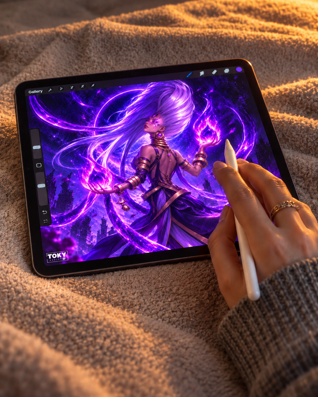 Ilustración mágica púrpura en tablet