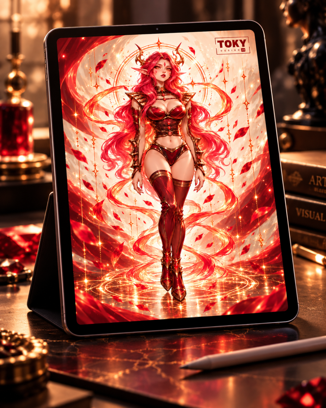 Tableta con guerrera mágica en rojo y oro