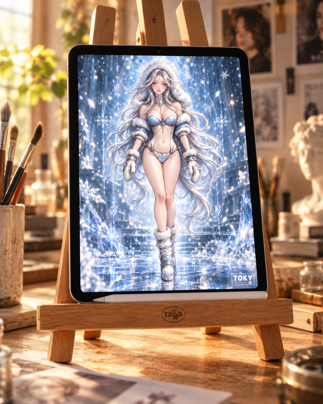 Tableta en estudio artístico invernal